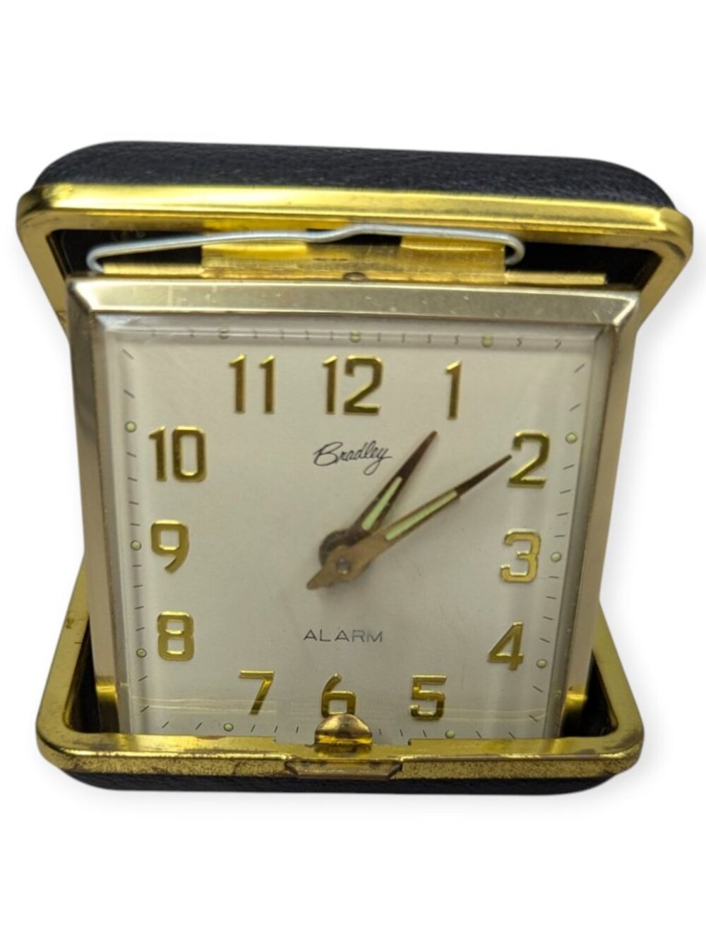 Vintage Bradley Travel Pocket Alarm Clock Wind Up w/BlackLeather Case Untested